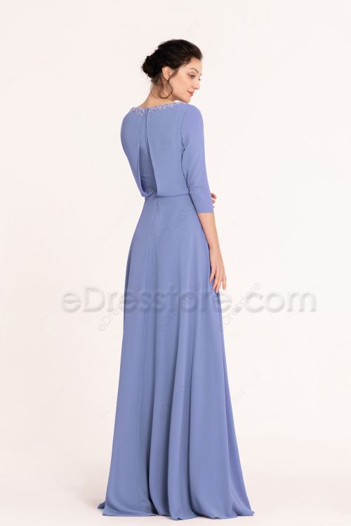 Modest LDS Beaded Periwinkle Bridesmaid Dresses with Sleeves