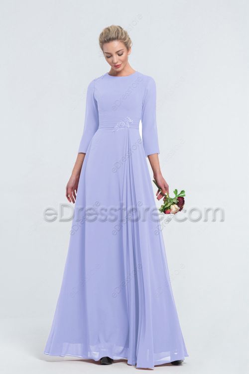 Modest LDS Beaded Periwinkle Bridesmaid Dresses with Sleeves