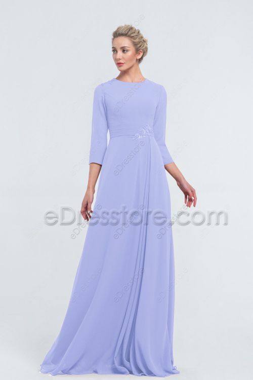 Modest LDS Beaded Periwinkle Bridesmaid Dresses with Sleeves