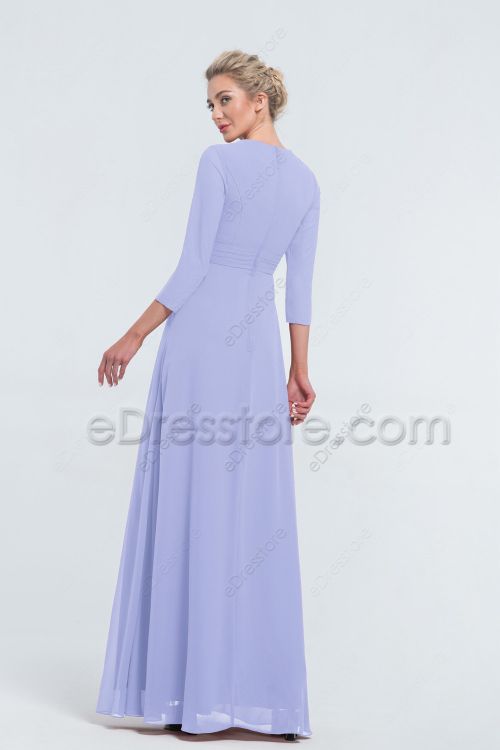 Modest LDS Beaded Periwinkle Bridesmaid Dresses with Sleeves