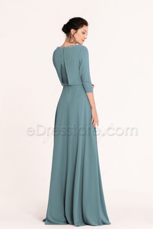 Modest LDS Beaded Sea Glass Bridesmaid Dresses With Sleeves
