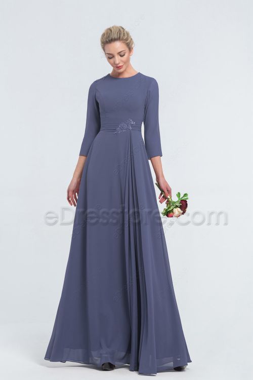 Modest LDS Beaded Slate Blue Bridesmaid Dresses with Sleeves