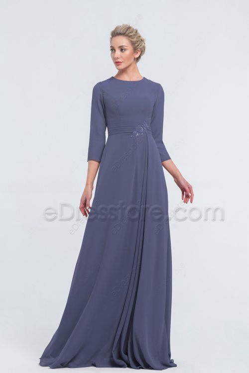 Modest LDS Beaded Slate Blue Bridesmaid Dresses with Sleeves