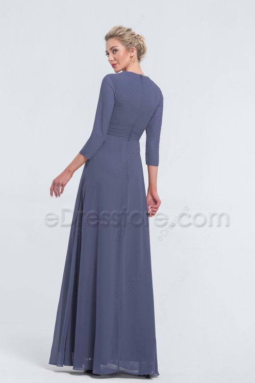 Modest LDS Beaded Slate Blue Bridesmaid Dresses with Sleeves
