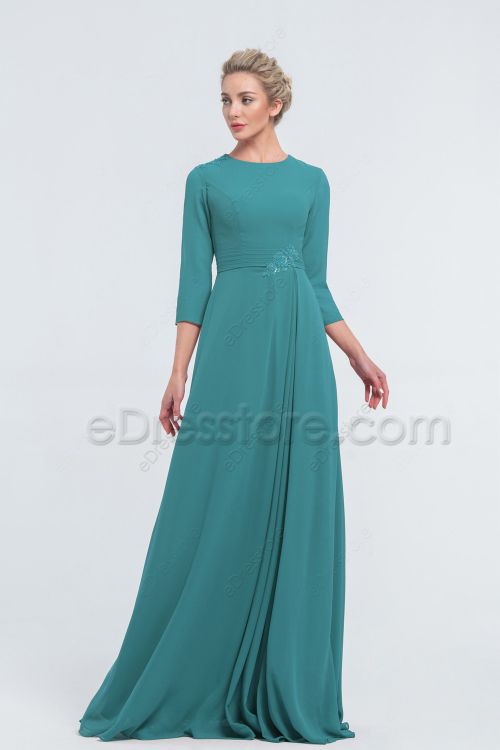 Modest LDS Beaded Turquoise Bridesmaid Dresses Long Sleeves