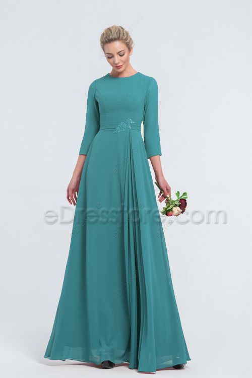 Modest LDS Beaded Turquoise Bridesmaid Dresses Long Sleeves