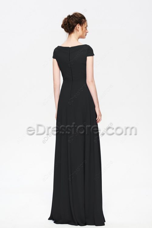Modest LDS Black Bridesmaid Dresses Cowl Neck