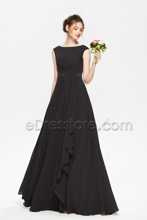 Modest LDS Black Chiffon Bridesmaid Dresses