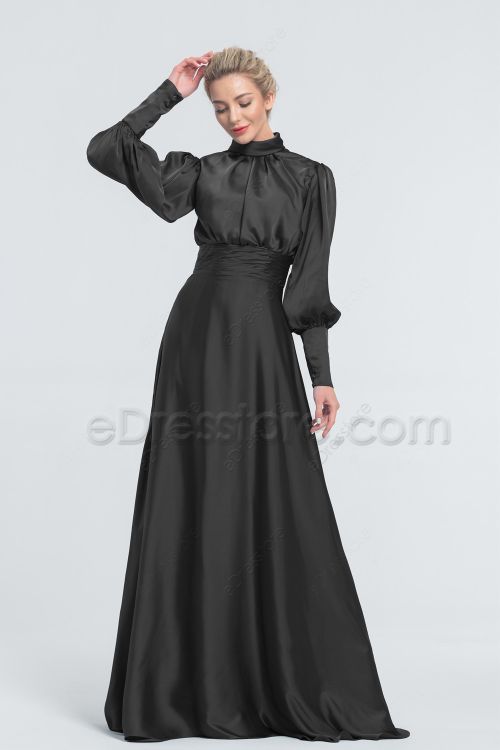 Modest LDS Black Satin Winter Bridesmaid Dresses