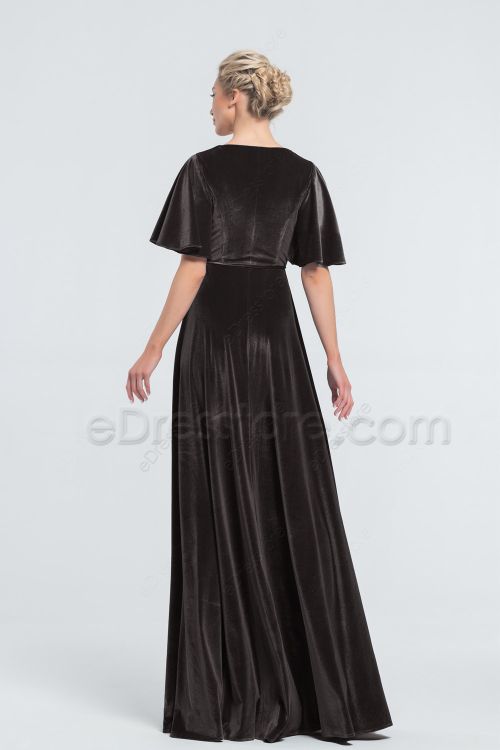 Modest LDS Black Velvet Wrap Bridesmaid Dresses with Flutter Sleeves
