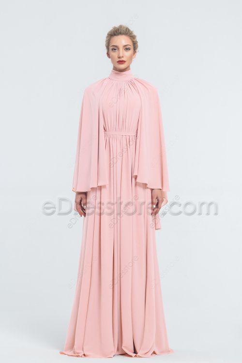 Modest LDS Blush Pink Bridesmaid Dresses Long Sleeves