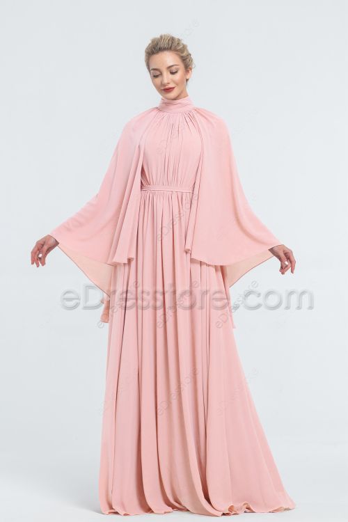 Modest LDS Blush Pink Bridesmaid Dresses Long Sleeves