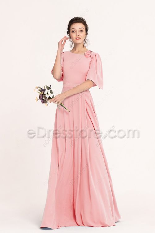 Modest LDS Blush Pink Bridesmaid Dresses with Sleeves