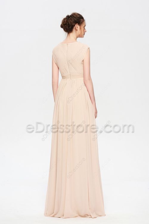 Modest LDS Champagne Bridesmaid Dresses Cap Sleeves
