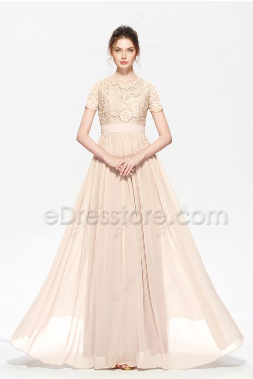 Modest LDS Champagne Colored Bridesmaid Dresses Short Sleeves