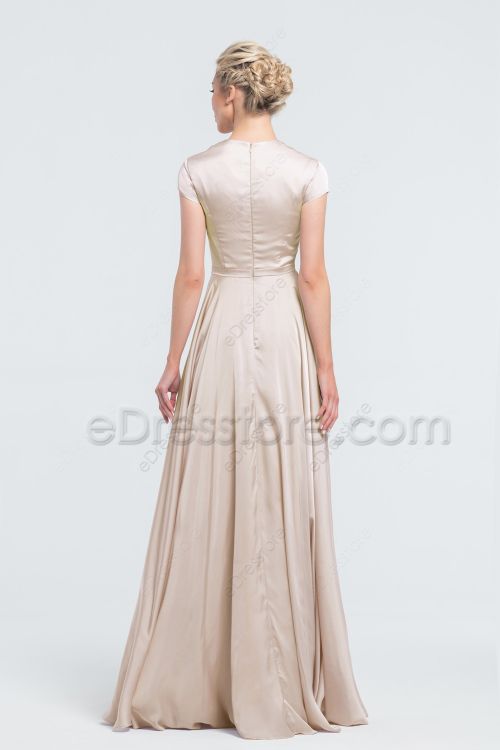Modest LDS Champagne Satin Bridesmaid Dresses Cap Sleeves