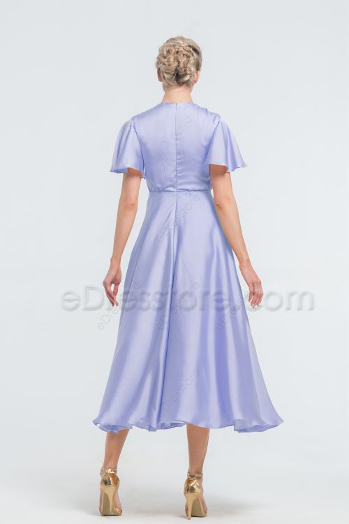 Modest LDS Cheap Periwinkle Satin Bridesmaid Dresses Midi