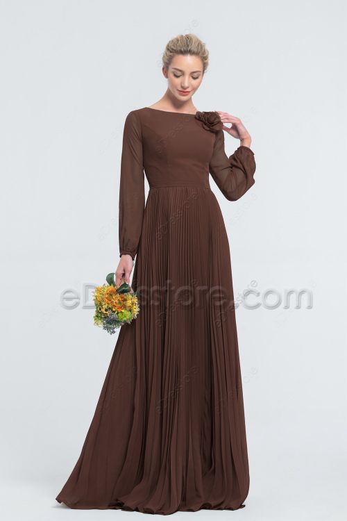 Modest LDS Chocolate Brown Bridesmaid Dresse s Long Sleeves