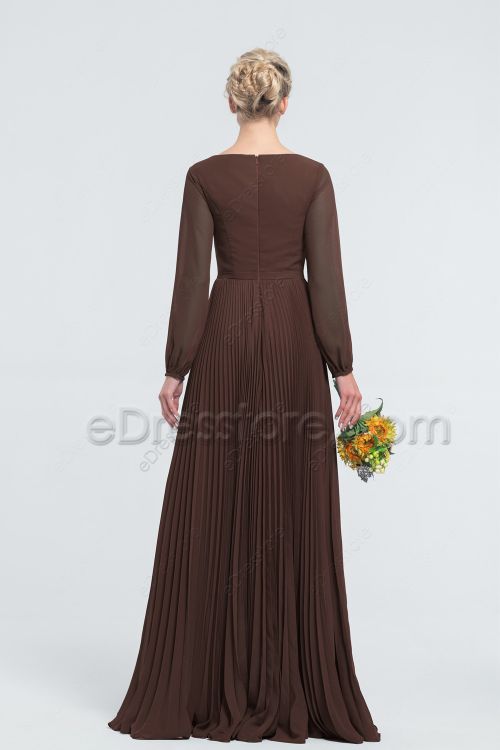 Modest LDS Chocolate Brown Bridesmaid Dresse s Long Sleeves