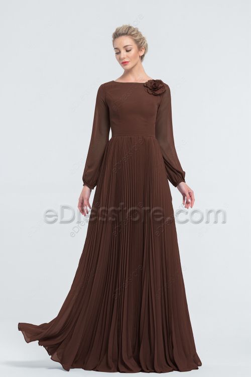 Modest LDS Chocolate Brown Bridesmaid Dresse s Long Sleeves