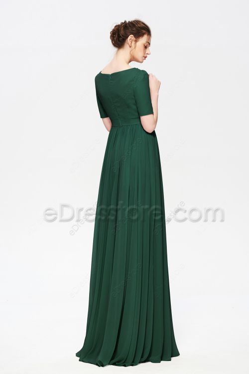 Modest LDS Dark Emerald Bridesmaid Dressses with Sleeves