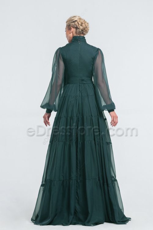 Modest LDS Dark Forest Green Chiffon Bridesmaid Dresses Long Sleeves