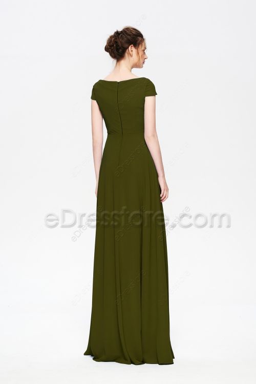 Modest LDS Dark Olive Green Bridesmaid Dress Cowl Neck