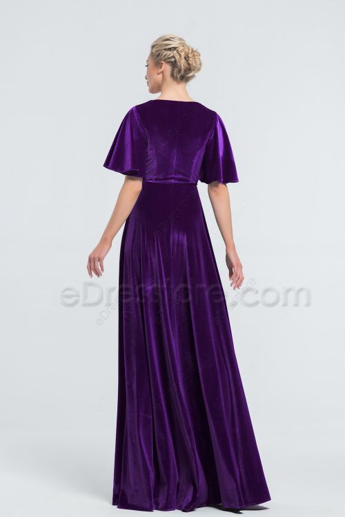 Modest LDS Dark Purple Velvet Bridesmaid Dresses