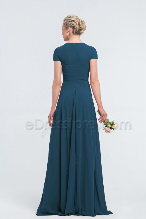 Modest LDS Dark Teal Bridesmaid Dresses with Sleeves
