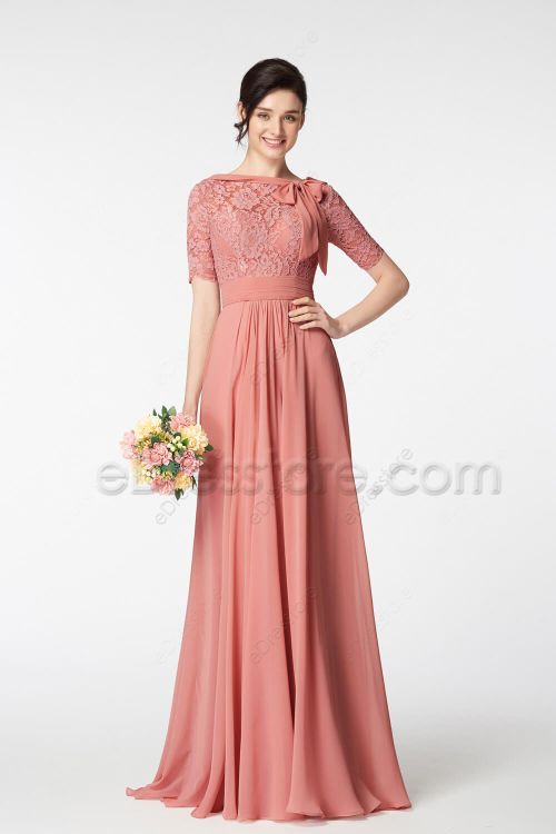 Modest LDS Desert Coral Lace Bridesmaid Dresses Elbow Sleeves