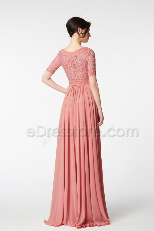 Modest LDS Desert Coral Lace Bridesmaid Dresses Elbow Sleeves