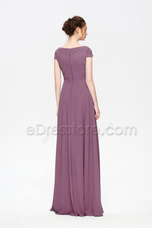 Modest LDS Dusty Purple Bridesmaid Dresses Cowl Neck