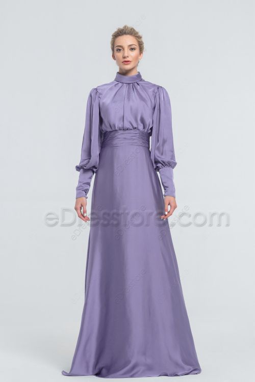 Modest LDS Dusty Purple Satin Bridesmaid Dresses Long Sleeves