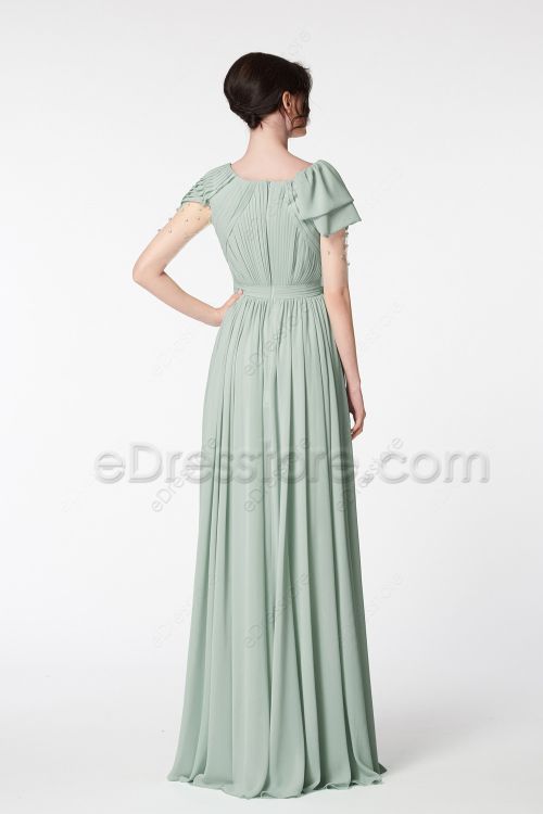Modest LDS Dusty Sage Bridesmaid Dresses Elbow Sleeves