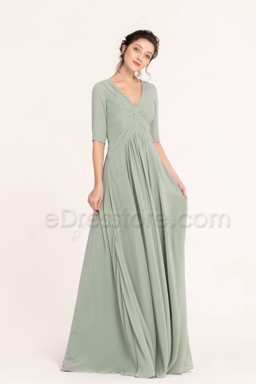 Modest LDS Dusty Sage Maternity Bridesmaid Dresses with Sleeves