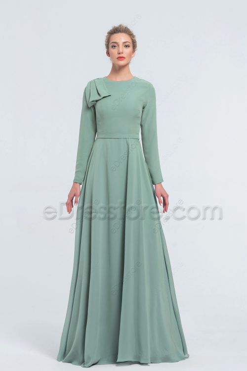Modest LDS Eucalyptus Bridesmaid Dresses Long Sleeves