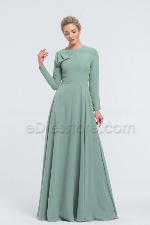 Modest LDS Eucalyptus Bridesmaid Dresses Long Sleeves