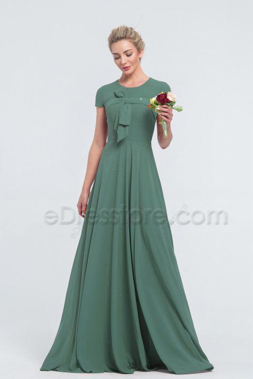 Modest LDS Eucalyptus Green Bridesmaid Dresses Cap Sleeves