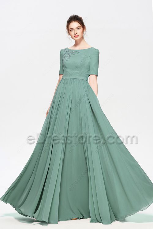 Modest LDS Eucalyptus Green Bridesmaid Dresses Elbow Sleeves