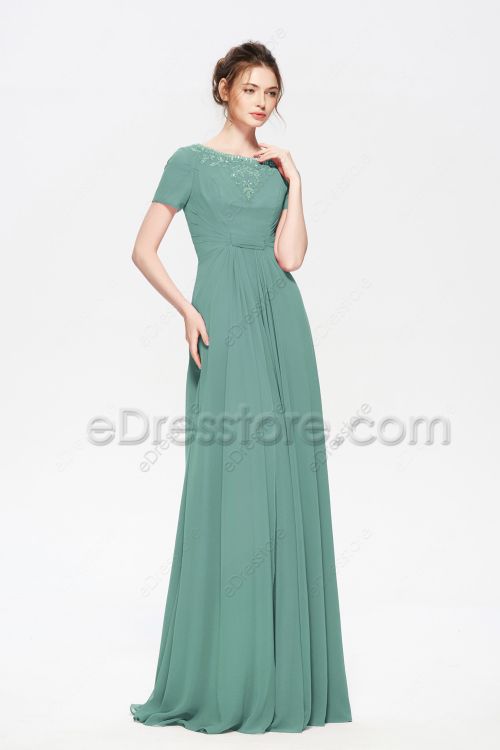 Modest LDS Eucalyptus Green Bridesmaid Dresses with Sleeves