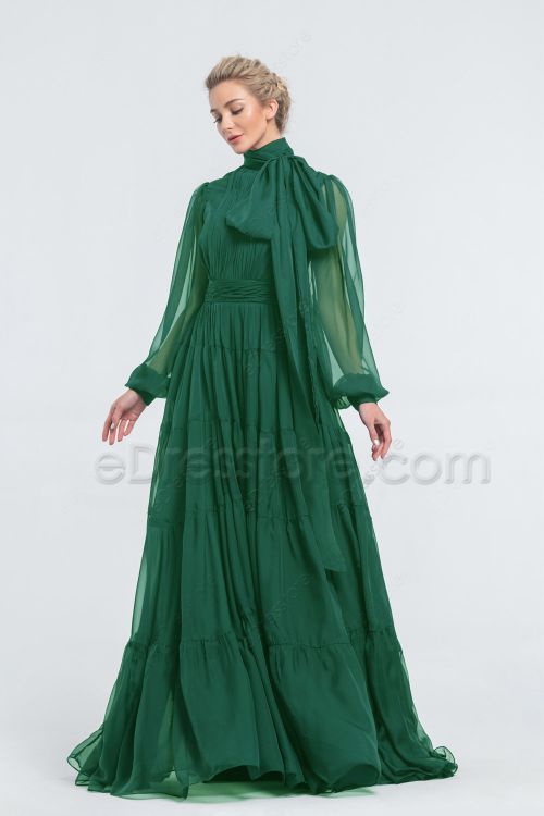 Modest LDS Forest Green Bridesmaid Dresses Long Sleeves
