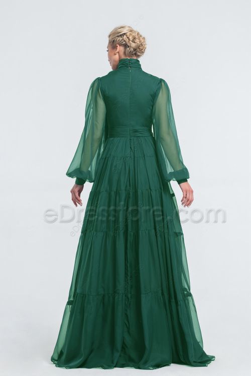 Modest LDS Forest Green Bridesmaid Dresses Long Sleeves