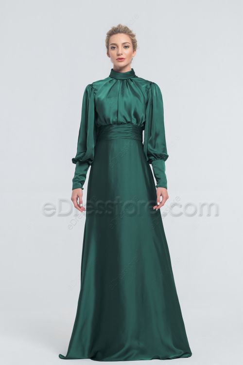 Modest LDS Forest Green Satin Bridesmaid Dresses Long Sleeves