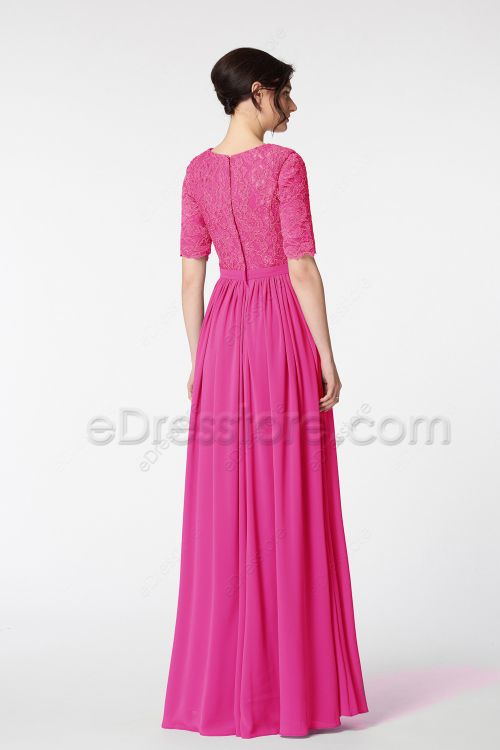 Modest LDS Hot Pink Bridesmaid Dress Elbow Sleeves