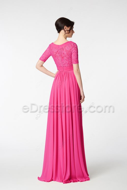 Modest LDS Hot Pink Bridesmaid Dresses Elbow Sleeves