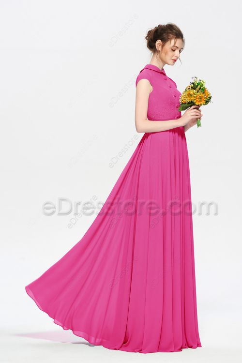 Modest LDS Hot Pink Bridesmaid Dresses Long