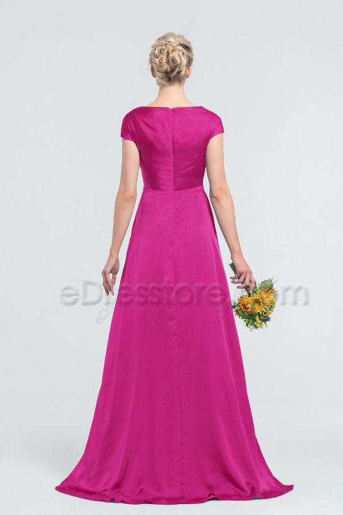 Modest LDS Hot Pink Satin Bridesmaid Dresses Cowl Neck