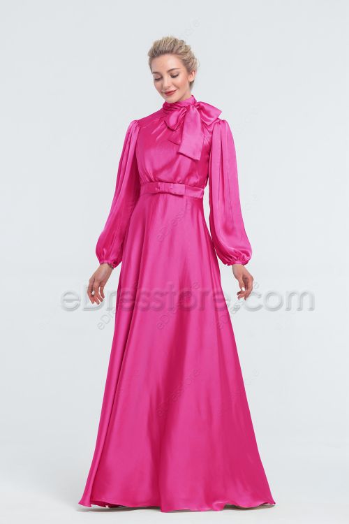 Modest LDS Hot Pink Satin Bridesmaid Dresses Long Sleeves