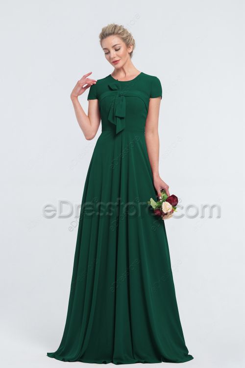 Modest LDS Hunter Green Bridesmaid Dresses Cap Sleeves