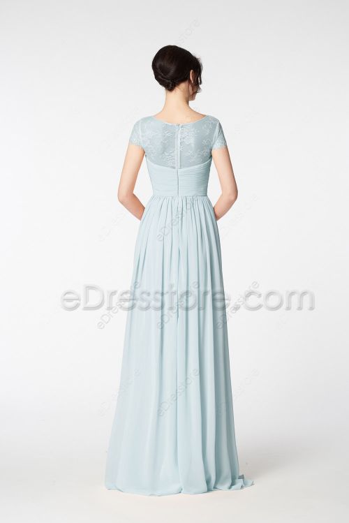 Modest LDS Ice Blue Bridesmaid Dresses Cap Sleeves